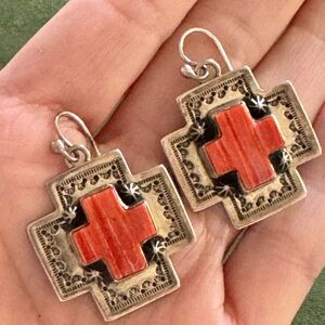 Vintage, Native American, Spiny Oyster and Sterling Silver, Stamped Earrings